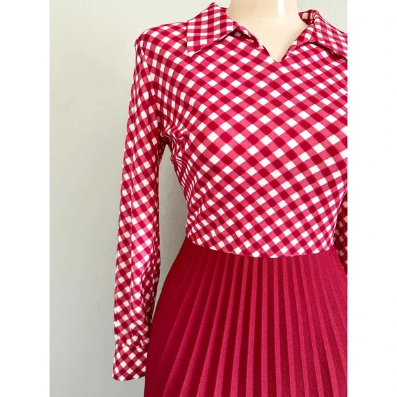 Vintage 60s 70s Red Check Skater Accordion Pleated Dagger Collar Mod Red Dress - Picture 6 of 15
